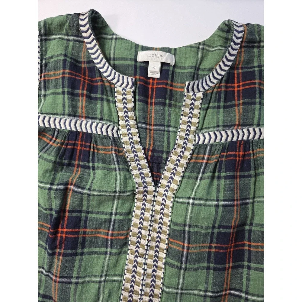 J.Crew Plaid Blouse Women Size 0 Green 100% Cotton Embroidered Boho Top